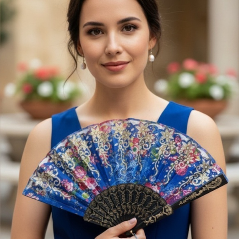 ✨NEW Elegant Blue Floral Hand Fan 🪭 9”